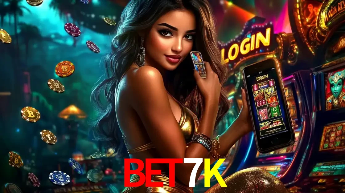 Mulher em um cenário de cassino temático de aventura, mostrando o app de caça-níqueis da BET7K no celular. Fichas de apostas flutuam ao redor.