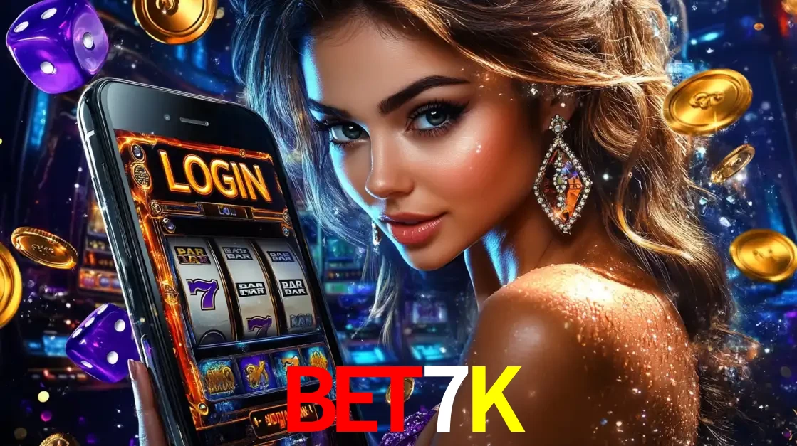 Mulher glamorosa segurando um smartphone com a tela de login para os jogos de caça-níqueis do cassino online BET7K, com moedas de ouro e dados ao redor.